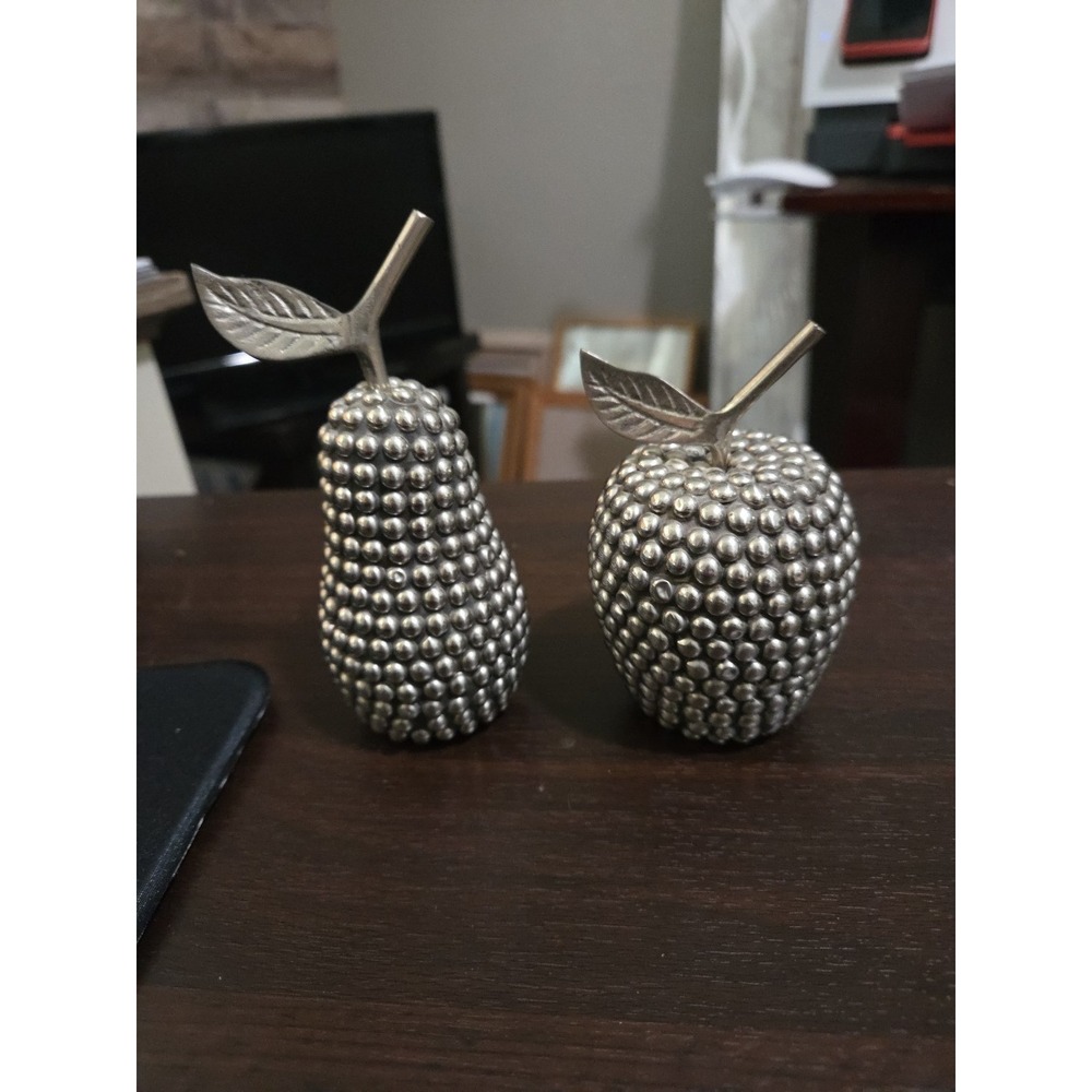 Vintage Studded Brass Fruit Apple And Pear Set Silver Tone -Apple Missing 1 Stud